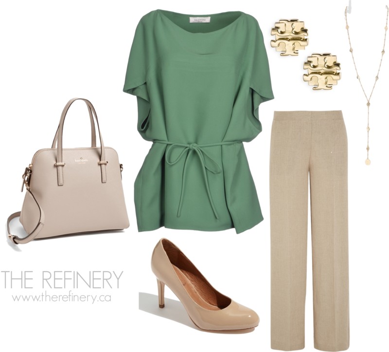 Work outfit designed with soft colours.