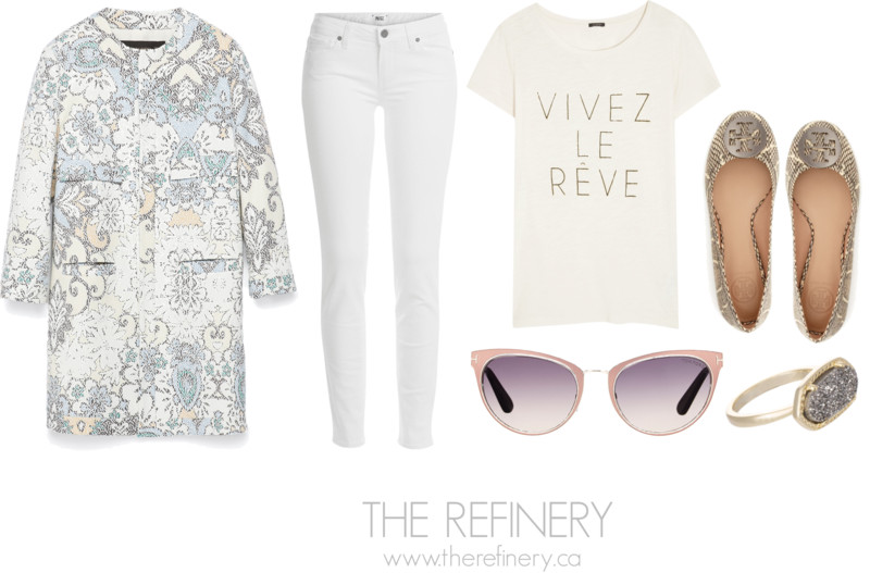 Spring outfit ideas - jeans + t-shirt + spring coat + sunglasses + flats | THE REFINERY