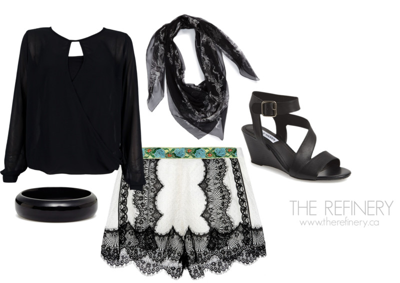 Spring outfit ideas | shorts + long-sleeve blouse + scarf + wedges + bracelet | THE REFINERY
