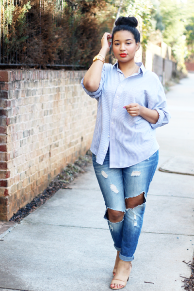how to wear boyfriend jeans with a collared shirt.